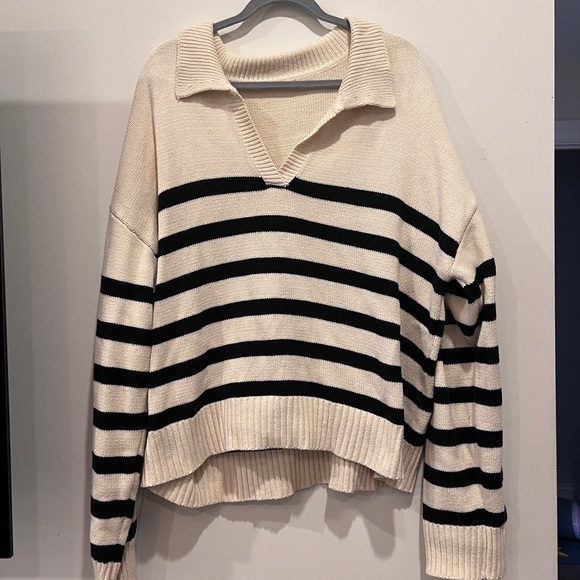 Cider Sweaters - Cider Black and Cream Striped V-Neck Sweater